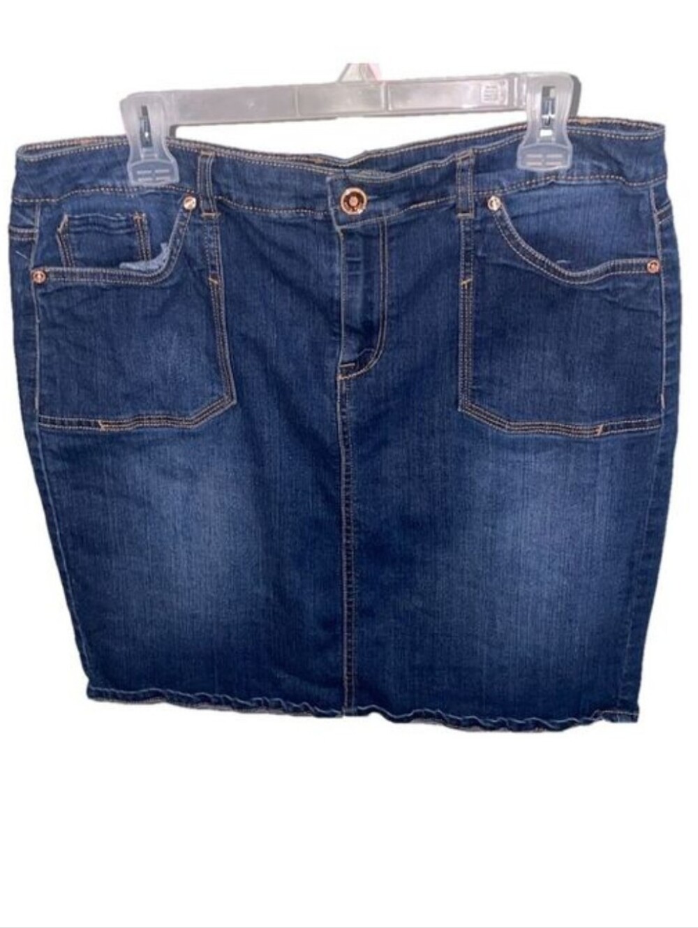 Code Bleu Denim Mini Skirt 14 Petite Dark Wash Stretch Flat Front Pockets